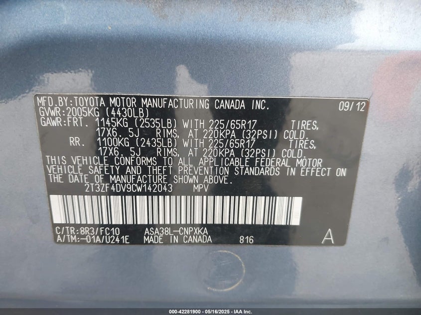 2012 TOYOTA RAV4 VIN: 2T3ZF4DV9CW142043