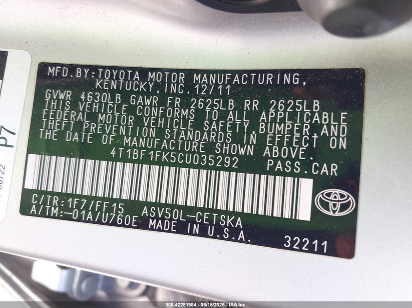 2012 TOYOTA CAMRY VIN: 4T1BF1FK5CU035292