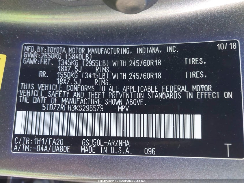 2019 TOYOTA HIGHLANDER LE PLUS - 5TDZZRFH3KS296579