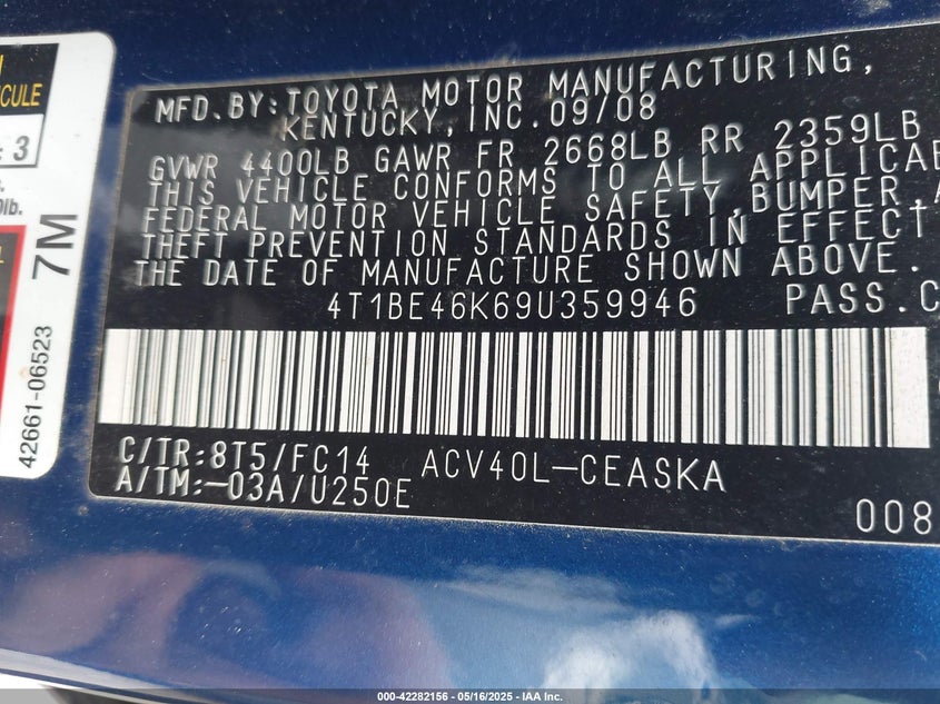 2009 TOYOTA CAMRY VIN: 4T1BE46K69U359946