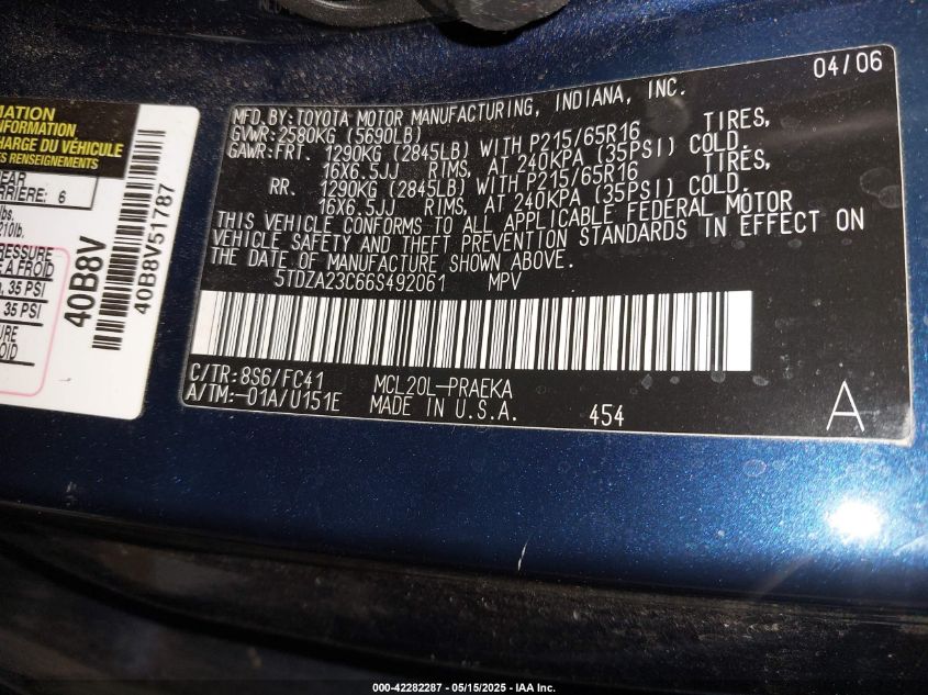 2006 Toyota Sienna Le VIN: 5TDZA23C66S492061 Lot: 42282287