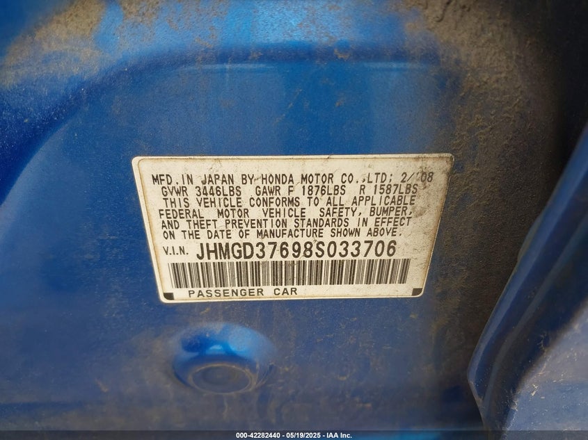 2008 HONDA FIT VIN: JHMGD37698S033706