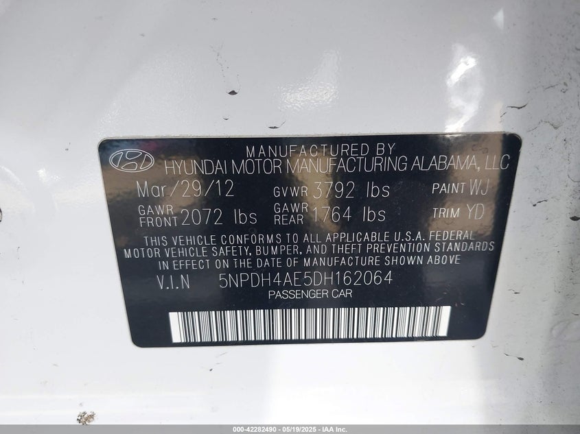 2013 HYUNDAI ELANTRA VIN: 5NPDH4AE5DH162064