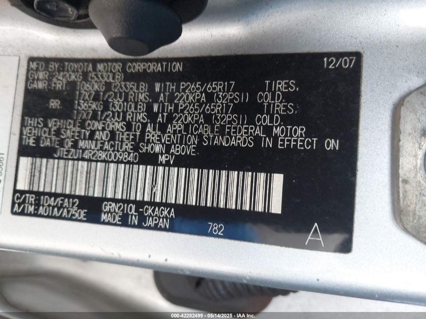 2008 Toyota 4Runner Sport V6/Sr5 V6 VIN: JTEZU14R28K009840 Lot: 42282499