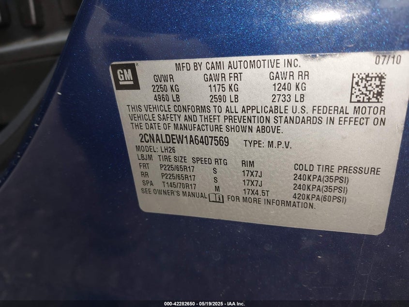 2010 CHEVROLET EQUINOX VIN: 2CNALDEW1A6407569