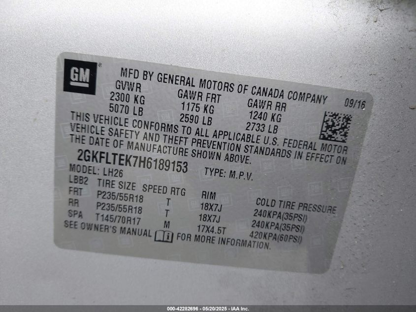 2017 GMC Terrain Sle-2 VIN: 2GKFLTEK7H6189153 Lot: 42282696