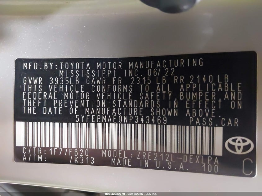 2022 TOYOTA COROLLA VIN: 5YFEPMAE0NP343469