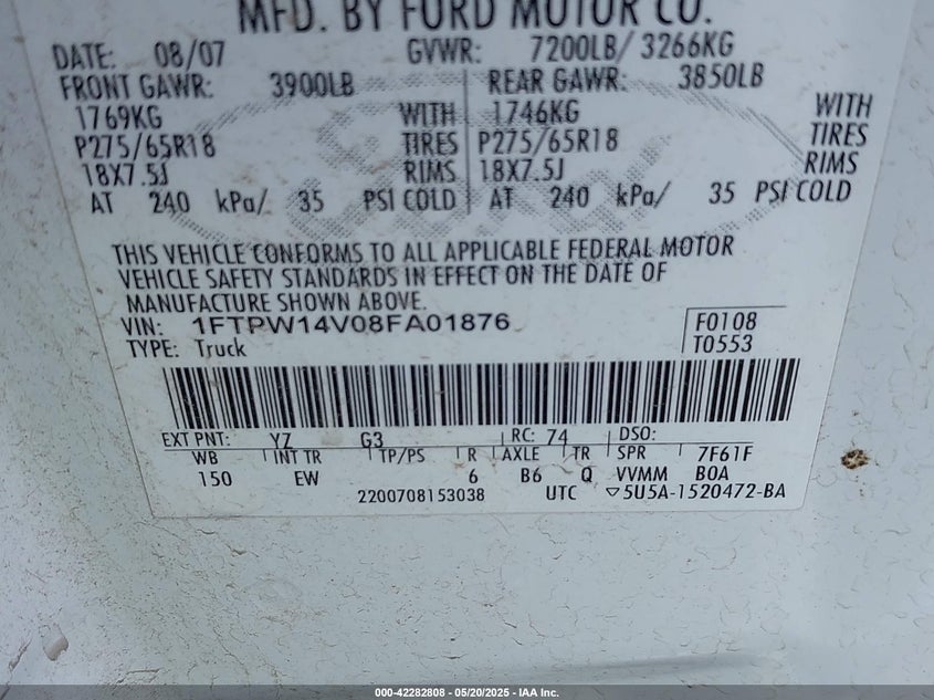 2008 FORD F-150 VIN: 1FTPW14V08FA01876