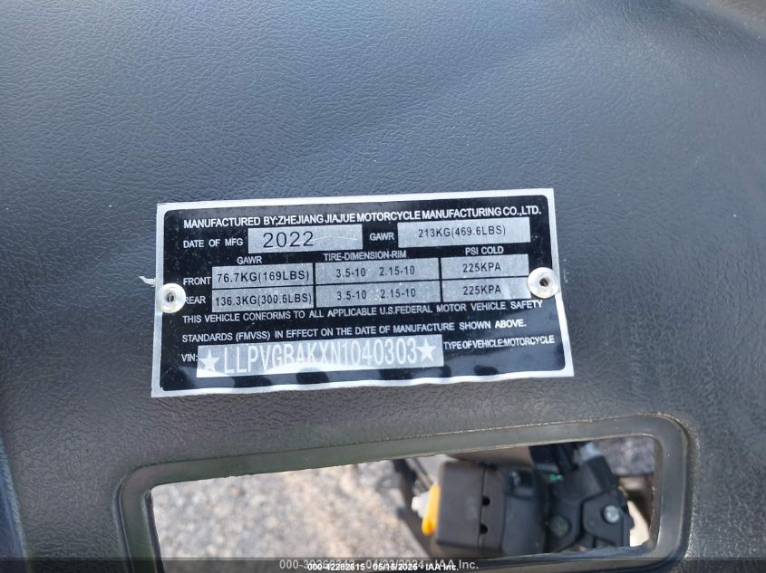 2022 Zhejiang Scooter VIN: LLPVGBAKXN1040303 Lot: 42282815