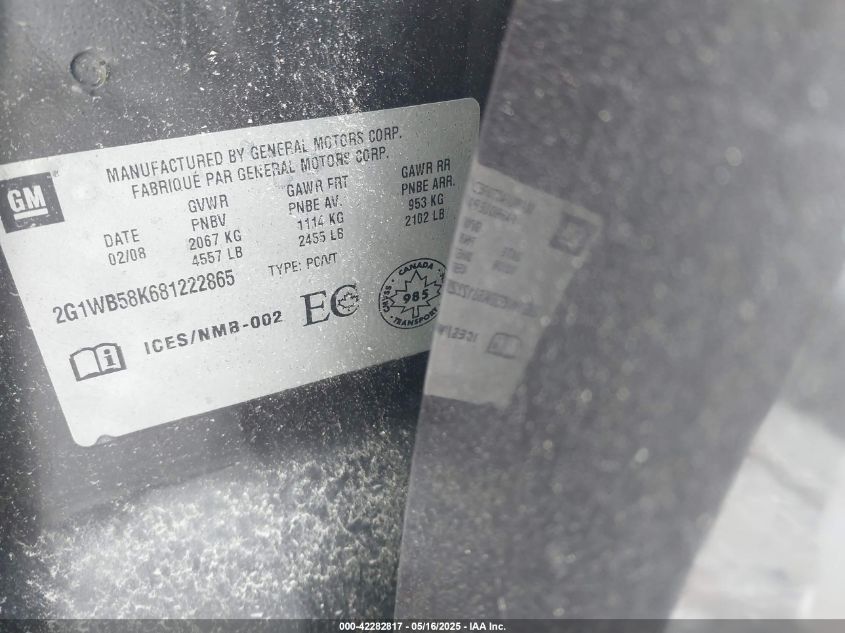 2008 Chevrolet Impala Ls VIN: 2G1WB58K681222865 Lot: 42282817