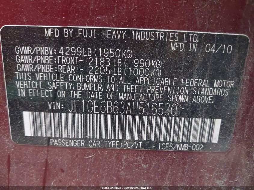 2010 Subaru Impreza 2.5I Premium VIN: JF1GE6B63AH516530 Lot: 42282828