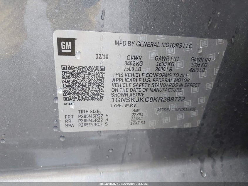 2019 CHEVROLET SUBURBAN VIN: 1GNSKJKC9KR288722
