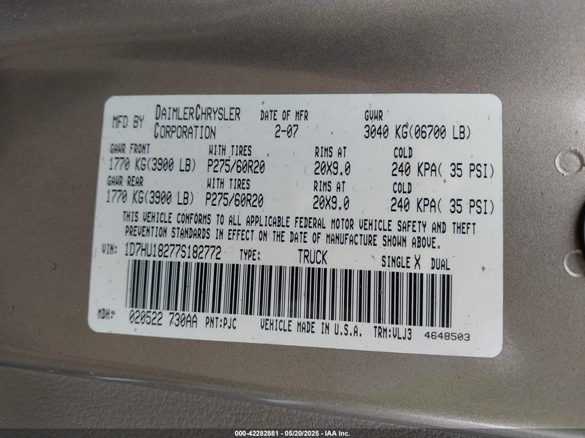 2007 DODGE RAM 1500 VIN: 1D7HU18277S182772