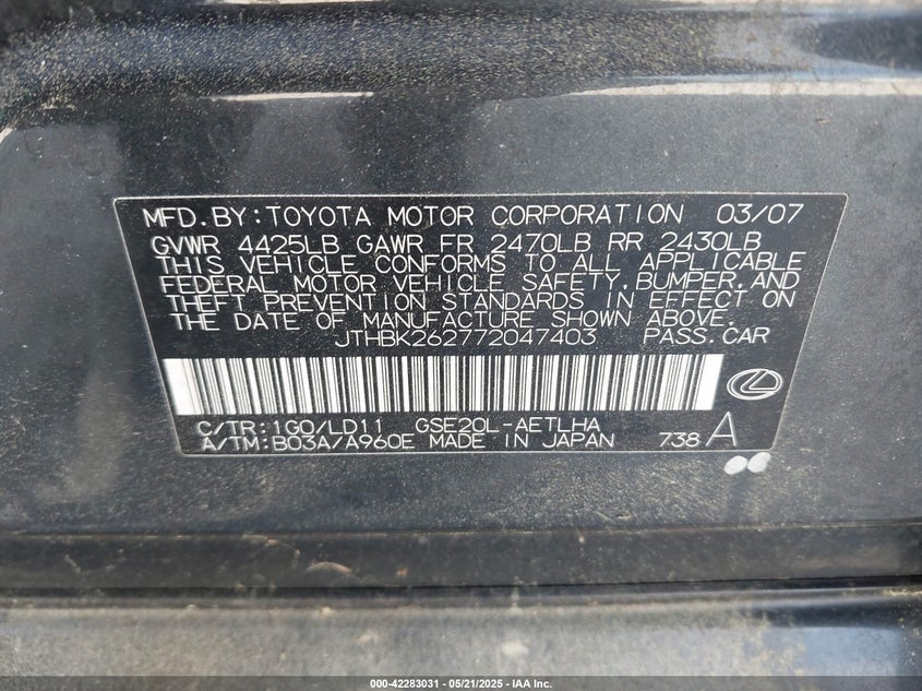 2009 LEXUS IS 250 VIN: JTHBK262772047403