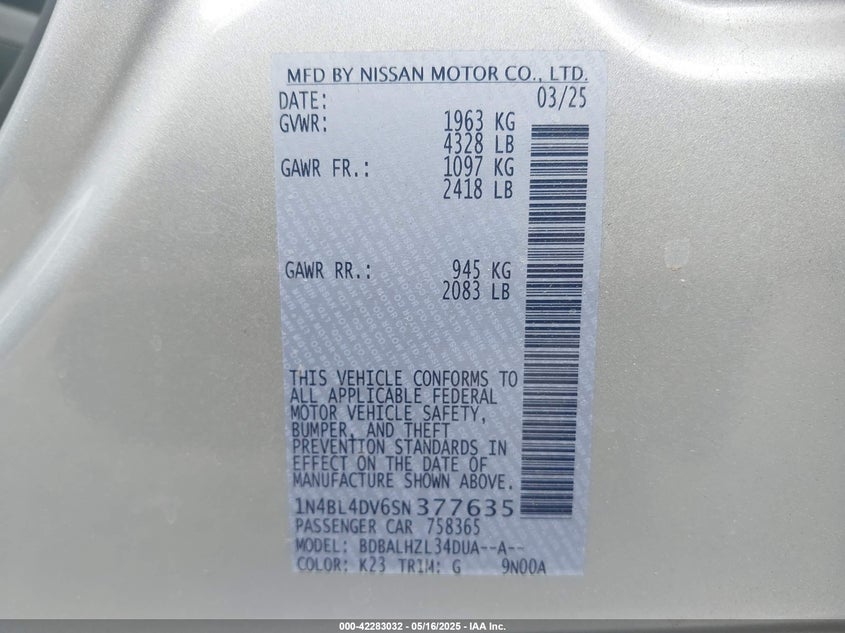 2025 NISSAN ALTIMA VIN: 1N4BL4DV6SN377635