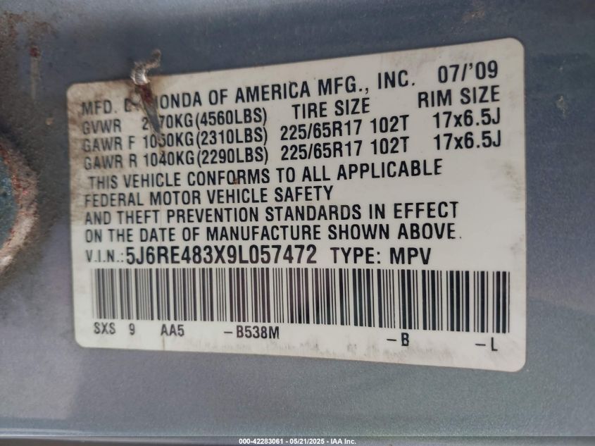 2009 Honda Cr-V Lx VIN: 5J6RE483X9L057472 Lot: 42283061