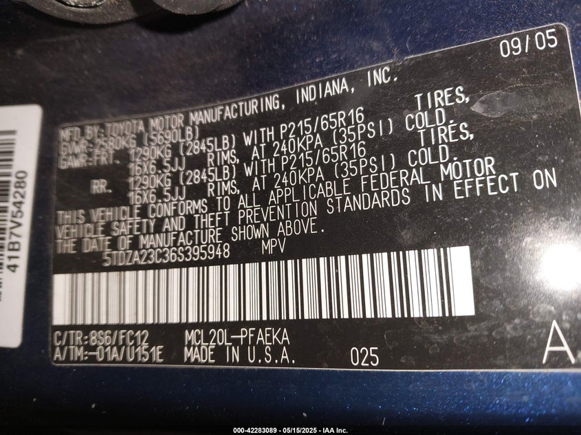 2006 TOYOTA SIENNA VIN: 5TDZA23C36S395948