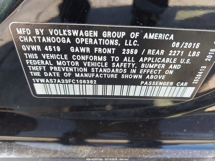 2015 VOLKSWAGEN PASSAT VIN: 1VWAS7A33FC106382