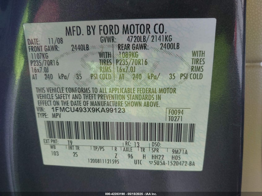 2009 FORD ESCAPE HYBRID VIN: 1FMCU493X9KA99123