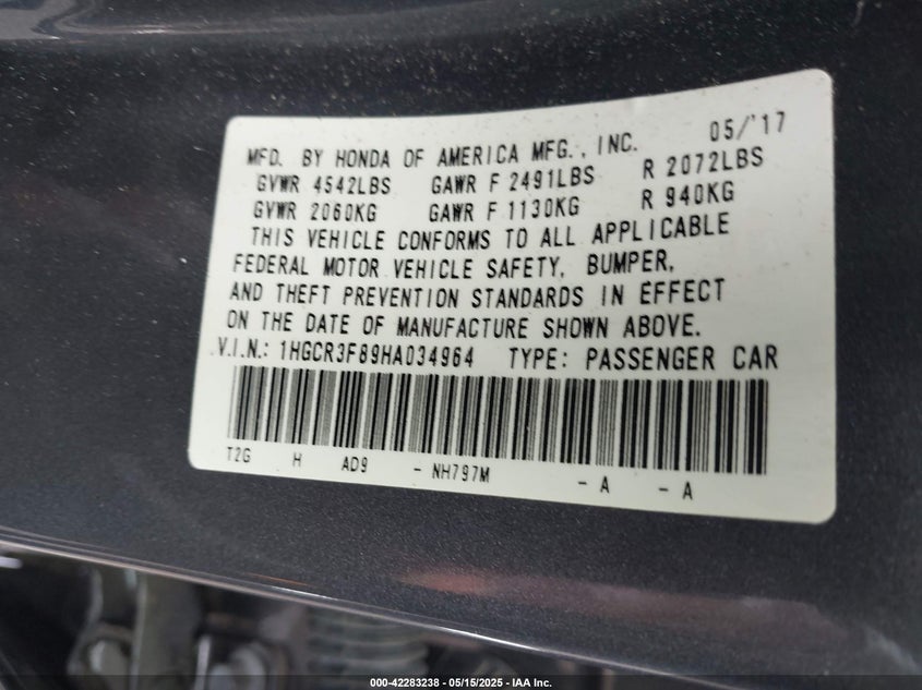 2017 HONDA ACCORD VIN: 1HGCR3F89HA034964