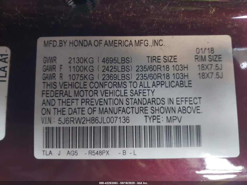 VIN 5J6RW2H86JL007136 2018 HONDA CR-V EX-L/EX-L NAVI