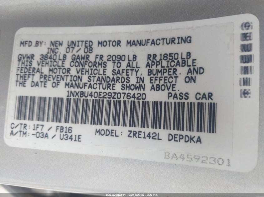 2009 TOYOTA COROLLA VIN: 1NXBU40E29Z076420