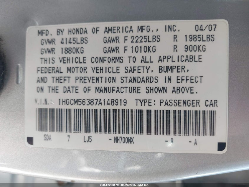 2007 HONDA ACCORD VIN: 1HGCM56387A148919