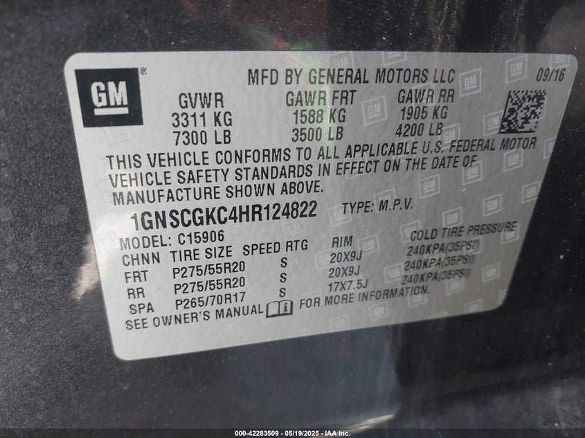 2017 CHEVROLET SUBURBAN VIN: 1GNSCGKC4HR124822