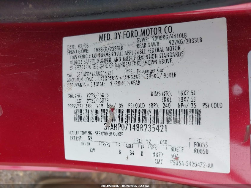 2008 FORD FUSION VIN: 3FAHP07148R235421
