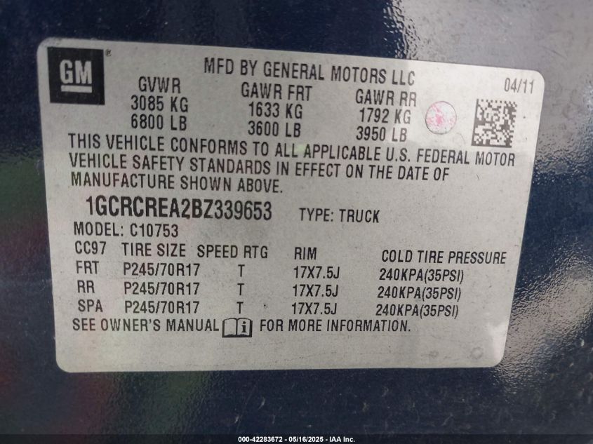2011 Chevrolet Silverado 1500 Ls VIN: 1GCRCREA2BZ339653 Lot: 42283672