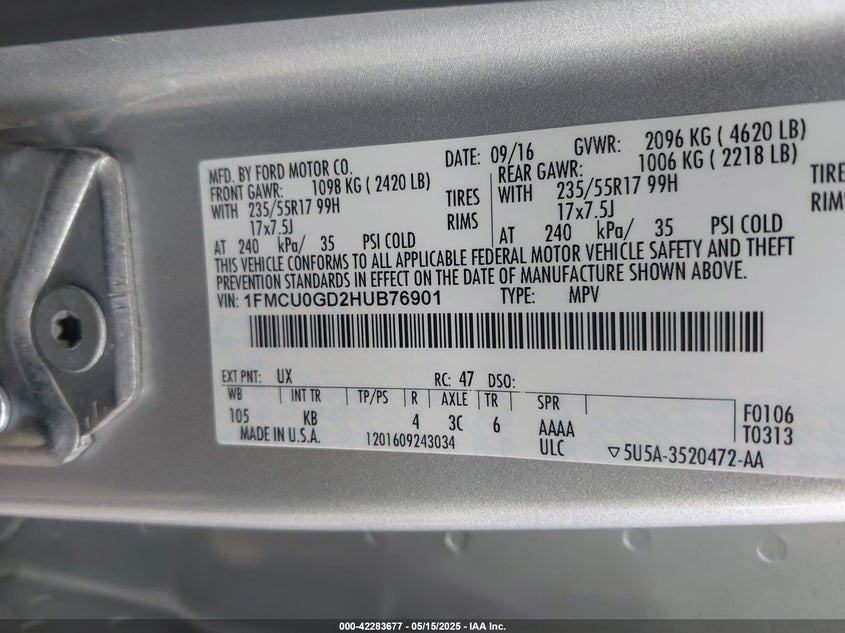 2017 FORD ESCAPE VIN: 1FMCU0GD2HUB76901