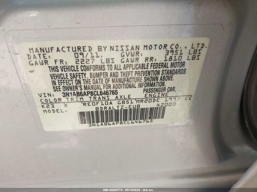 2012 NISSAN SENTRA VIN: 3N1AB6AP8CL646765