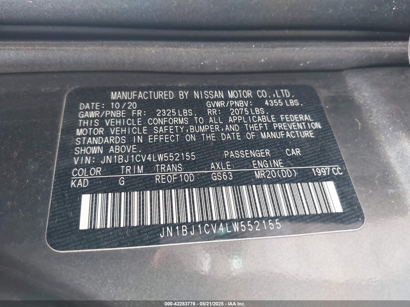 2020 NISSAN ROGUE SPORT S FWD XTRONIC CVT - JN1BJ1CV4LW552155