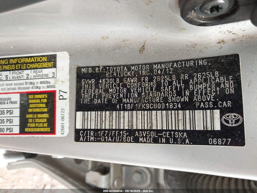 2012 TOYOTA CAMRY VIN: 4T1BF1FK9CU091834