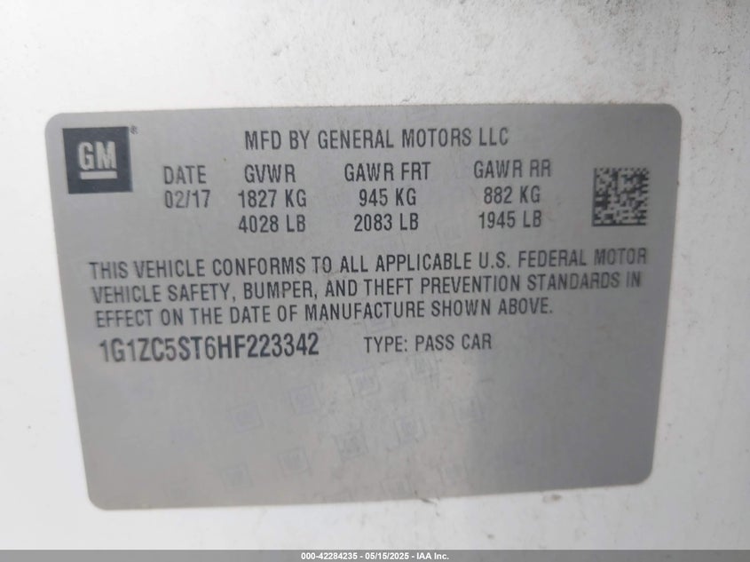 2017 Chevrolet Malibu 1Fl VIN: 1G1ZC5ST6HF223342 Lot: 42284235