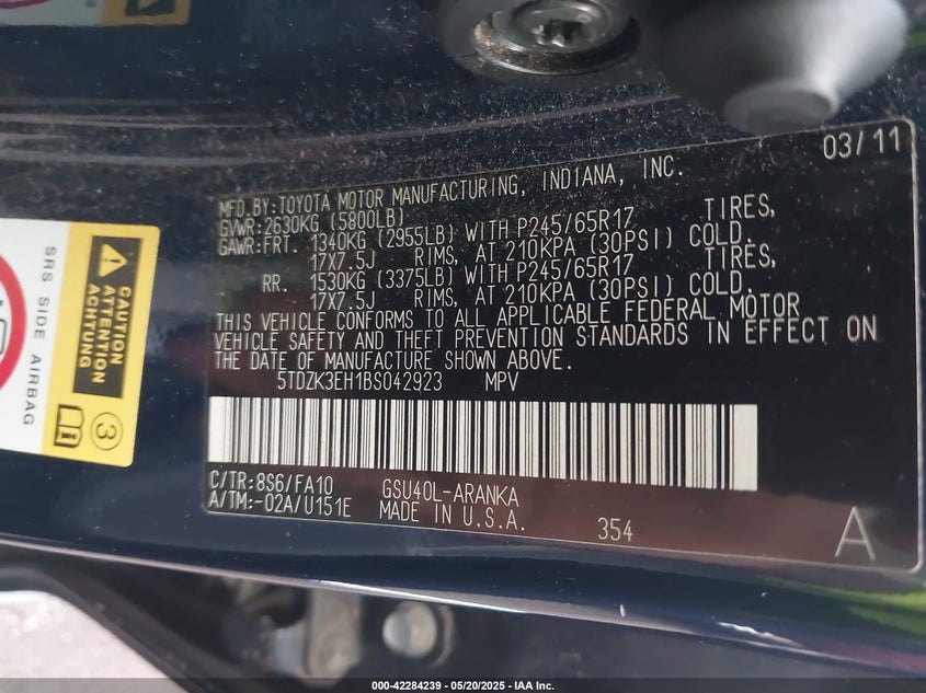 2011 TOYOTA HIGHLANDER VIN: 5TDZK3EH1BS042923