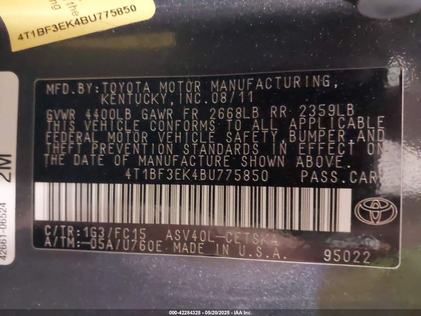 2011 Toyota Camry Se VIN: 4T1BF3EK4BU775850 Lot: 42284328