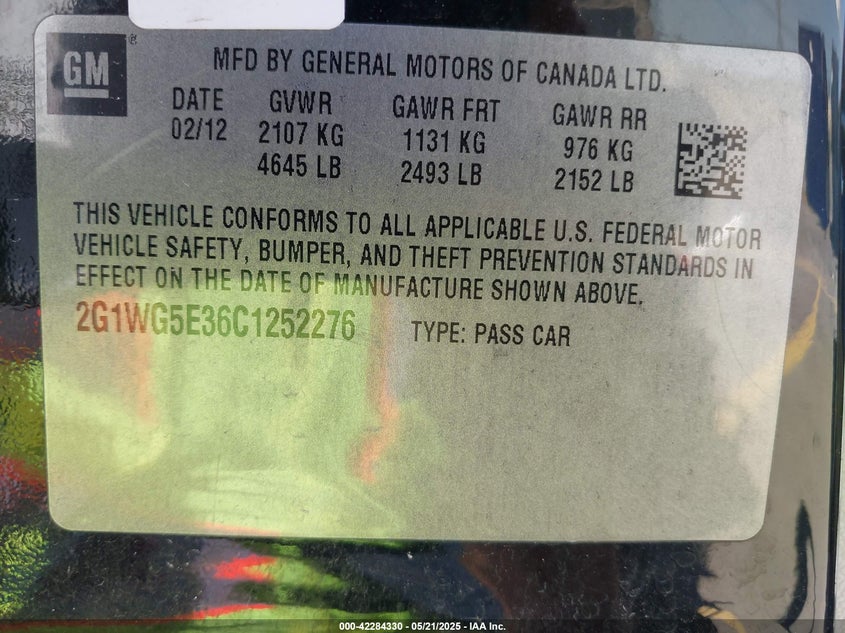 2012 CHEVROLET IMPALA VIN: 2G1WG5E36C1252276