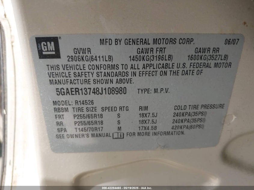 2008 BUICK ENCLAVE VIN: 5GAER13748J108980