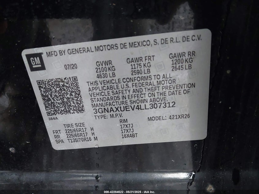 2020 CHEVROLET EQUINOX VIN: 3GNAXUEV4LL307312