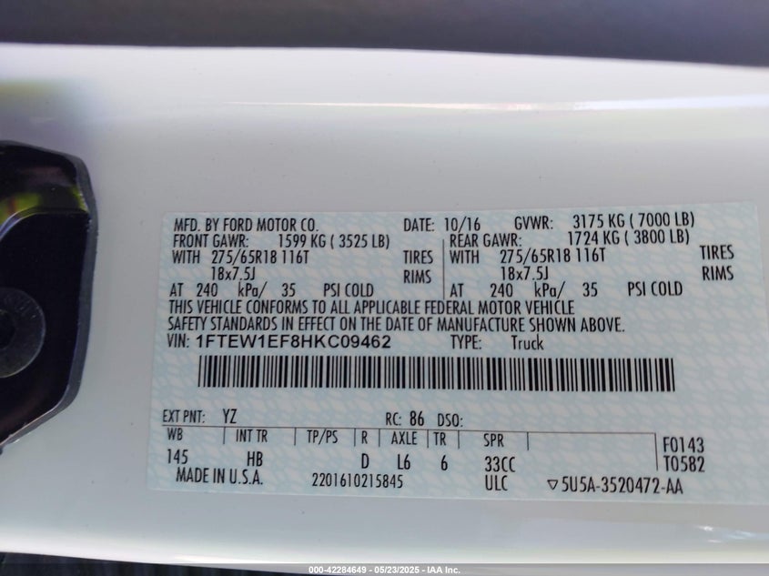 VIN 1FTEW1EF8HKC09462 2017 FORD F-150 LARIAT