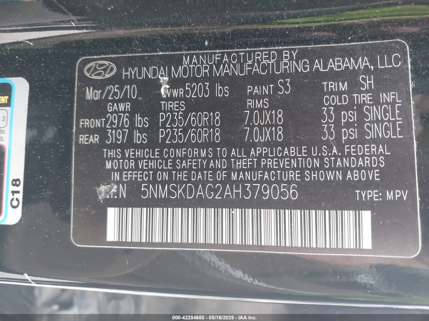2010 HYUNDAI SANTA FE VIN: 5NMSKDAG2AH379056