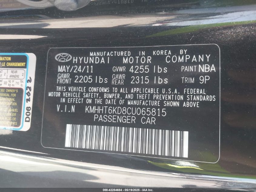 2012 Hyundai Genesis 2.0T VIN: KMHHT6KD8CU065815 Lot: 42284684