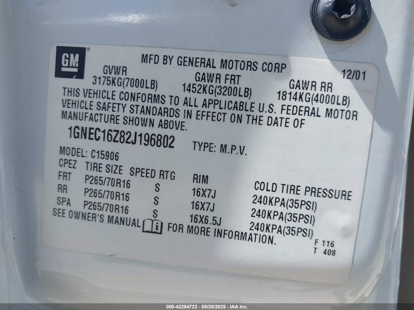 2002 Chevrolet Suburban 1500 Ls VIN: 1GNEC16Z82J196802 Lot: 42284723