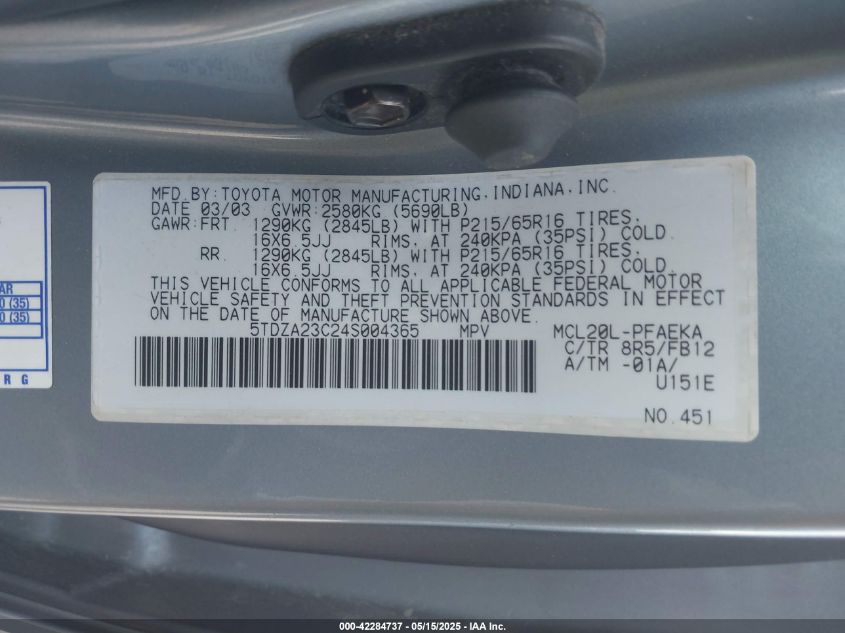 2004 Toyota Sienna Le VIN: 5TDZA23C24S004365 Lot: 42284737