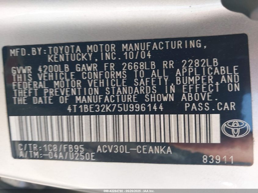 2005 Toyota Camry Le VIN: 4T1BE32K75U996144 Lot: 42284780