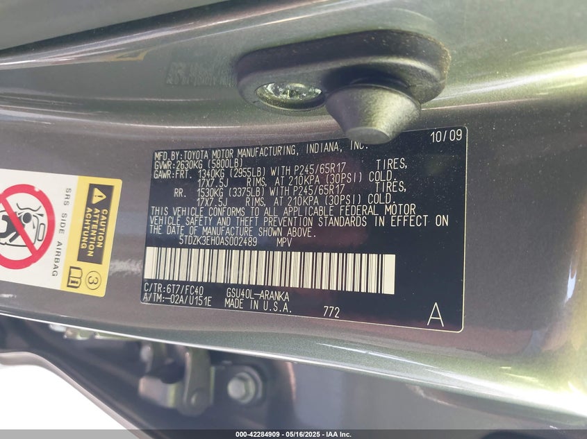 2010 TOYOTA HIGHLANDER VIN: 5TDZK3EH0AS002489