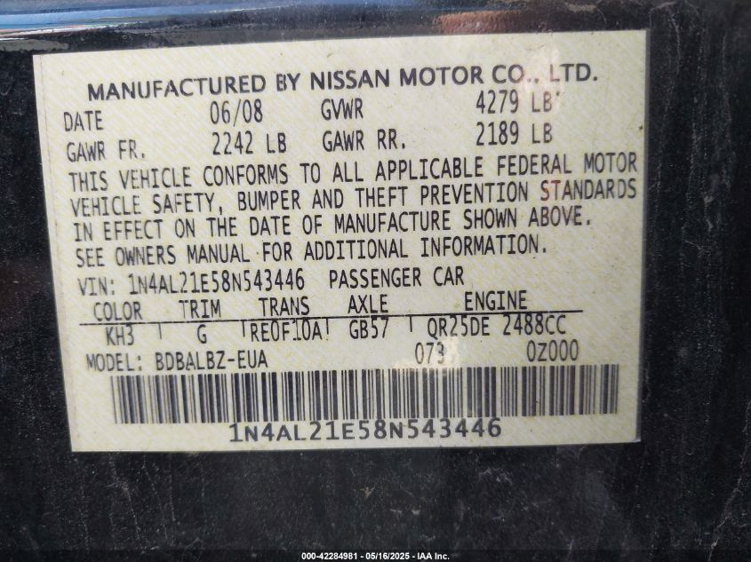 2008 Nissan Altima 2.5 S VIN: 1N4AL21E58N543446 Lot: 42284981