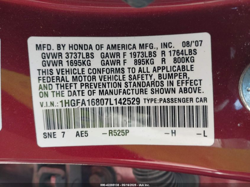 2007 Honda Civic Ex VIN: 1HGFA16807L142529 Lot: 42285138