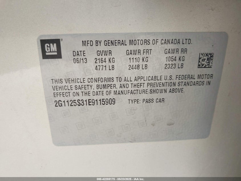 2014 Chevrolet Impala 2Lt VIN: 2G1125S31E9115909 Lot: 42285175